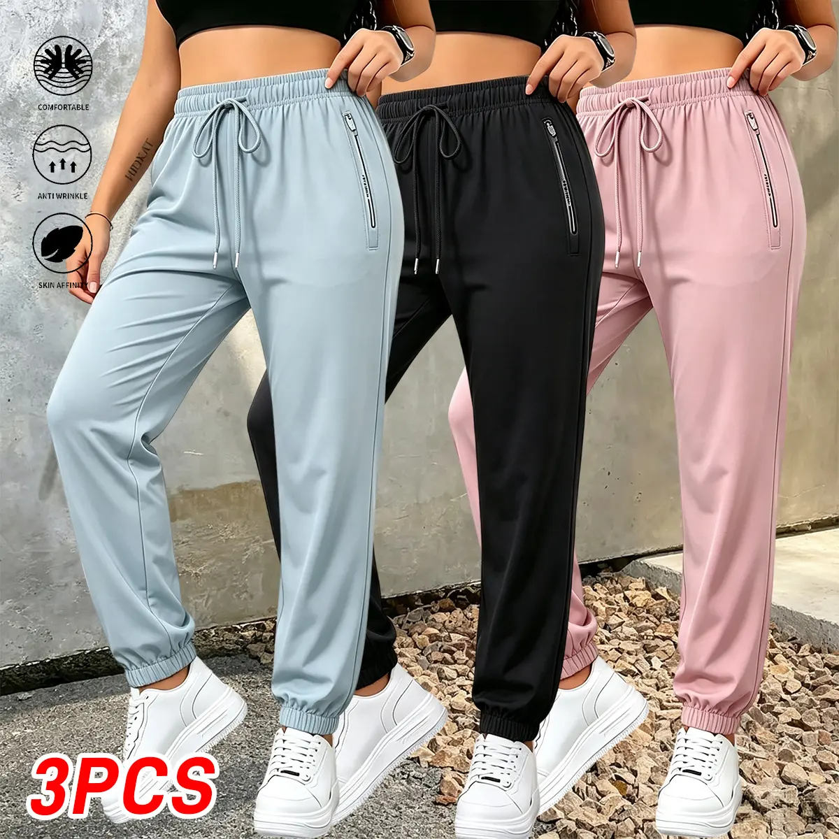Set of 3 women’s spring/summer athletic jogger pants – ice silk fabric, elastic waistband, zippered pockets; lightweight joggers for running, cycling, and outdoor hiking.