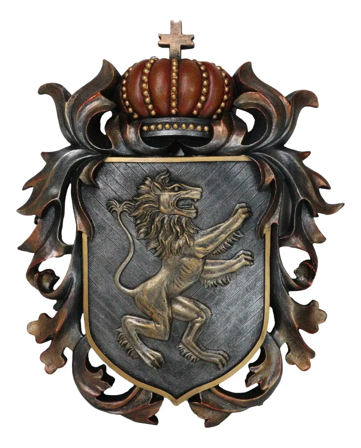 Ebros Large Antique Bronze Wall Sculpture - Medieval Heraldic Royal Lion Coat of Arms with King Crown, Hand-Crafted Hangable Home Decor Plaque, Art Accent for Living Spaces