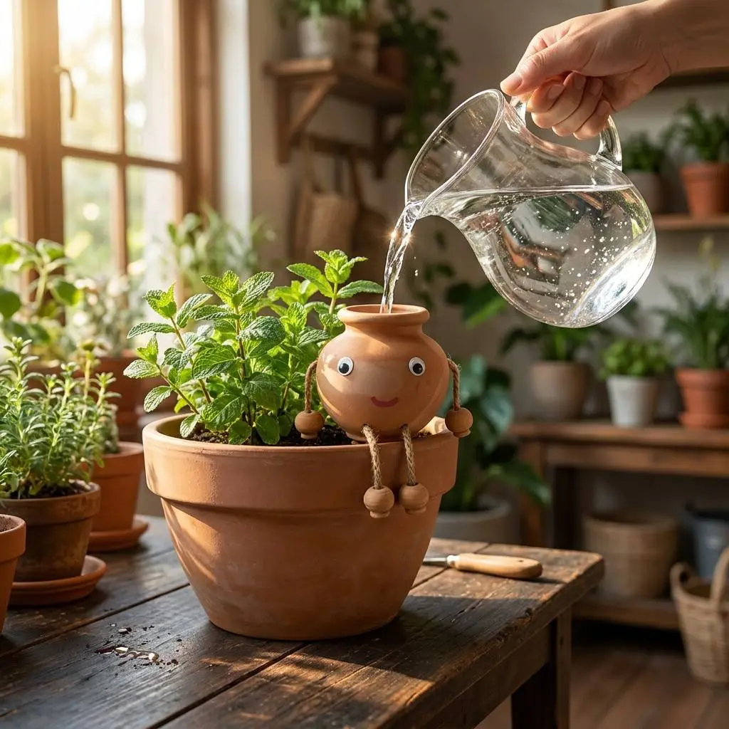 Automatic Self-Watering Hand-sculpted Clay Sitter, Cute Plant Watering Friend, 100% Handmade Pottery Stake, Unique Spiritual Gardening GiftGlobes, Indoor & Outdoor Automatic Plants Watering, 3-7 Days Cycle, Garden Care Gift, Garden Accessories