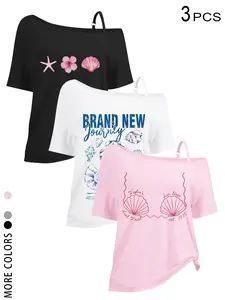 TikTok Viral 2026 Women's 3 Piece Off Shoulder Tops Set - Coastal Beach Print One Shoulder T-Shirts with Adjustable Strap, Y2K Coquette Aesthetic Streetwear, Vacation, Beach, Daily, Casual Wear - Summer Outfits for Teen Girls & Young Women