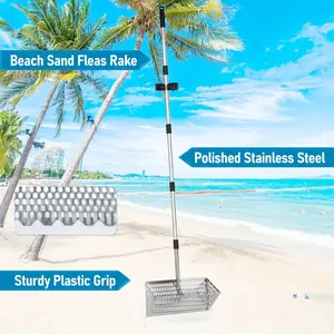New 1-piece detachable and assemblable sand flea rake, portable stainless steel sand sieve, 178cm long handle, sand crab catcher with sharp teeth, sand flea trap for travel. beach treasure