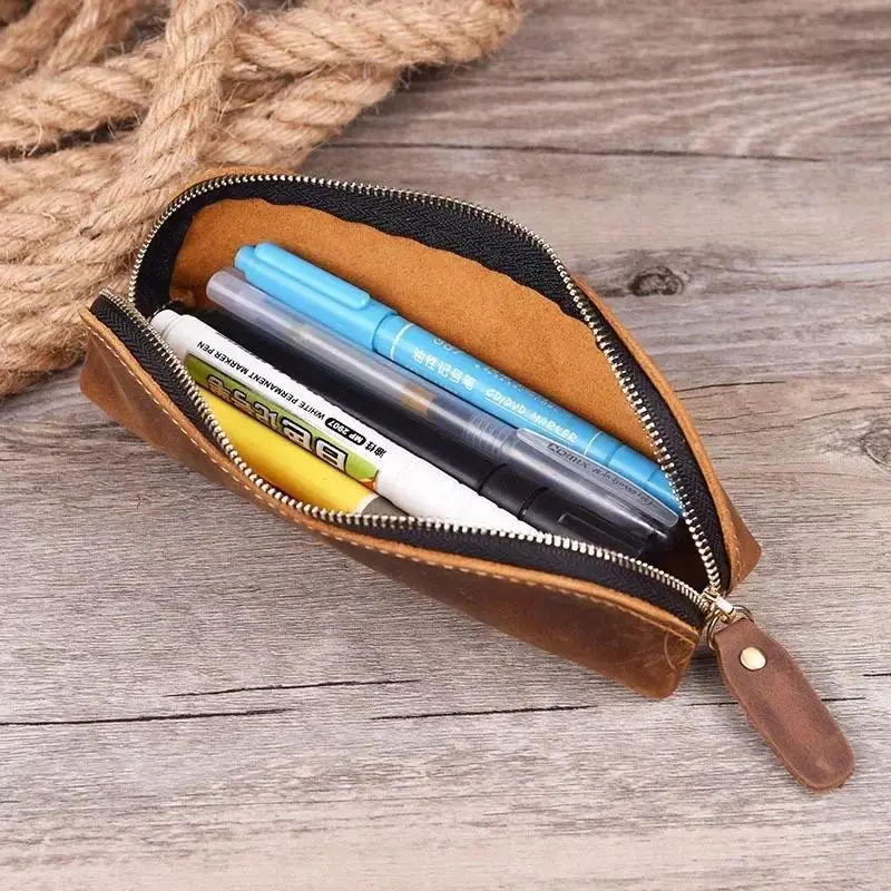 Elegant Leather Pencil Case, Vintage Style Pen Holder, Zippered Storage Bag, Handmade Stationery Organizer, Eyeglass Box Included, Writing Stationery, Stationery Supplies