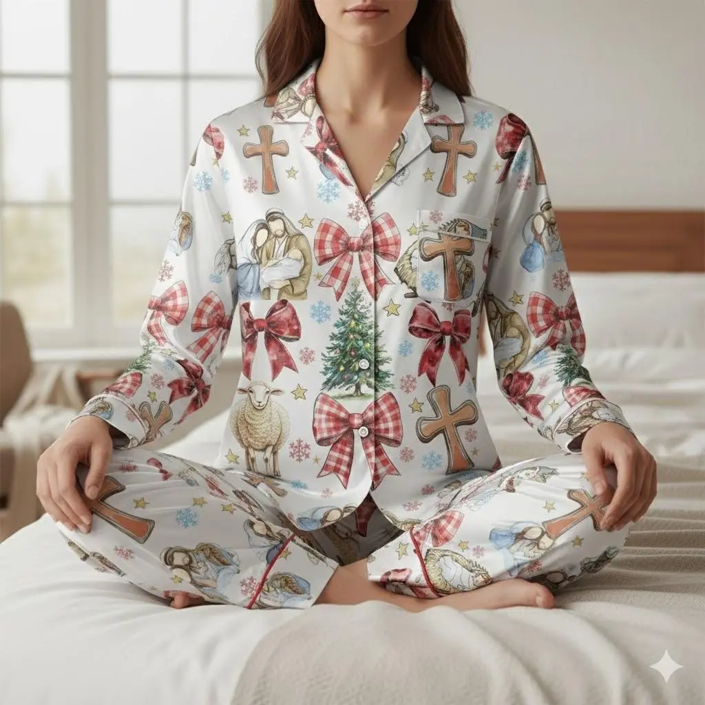 Coquette Nativity Scene Christmas Satin Pajamas Set, Family Matching Pajamas, Joy To The World, Oh Holy Night Pjs, Christian Religous Gift