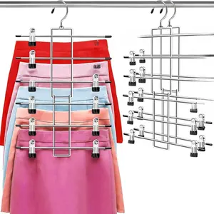 Pants Hangers with Clips,Space Saving Hanging Closet Organizer-6 Tiers Skirt Hangers with 360° Swivel Hook,Closet Organizer-Clothes Hangers- College Dorm Essentials Apartment Essentials-2 Pack