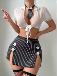Rabbit Barbie Women's 3-Piece Sexy Secretary Clothing Set, Striped Backless Cut Tight Dress with Bow Tie Accent, Multi-Size Womenswear Accessories, Clothes