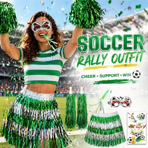 Green Soccer Rally Outfit Accessories, Metallic Fringe Skirt, Pom Poms, Whistle, Glasses Frame and Face Decals for Stadium Party, Football Game Day