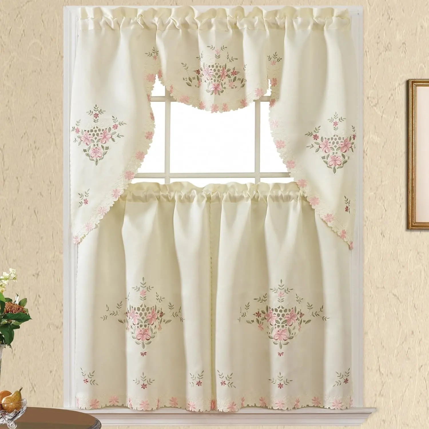 3pcs Multi-Color Embroidery Kitchen Curtains Set with Cutworks Swag Valance and Tiers for Kitchen Cafe Windows Beige Multicolor