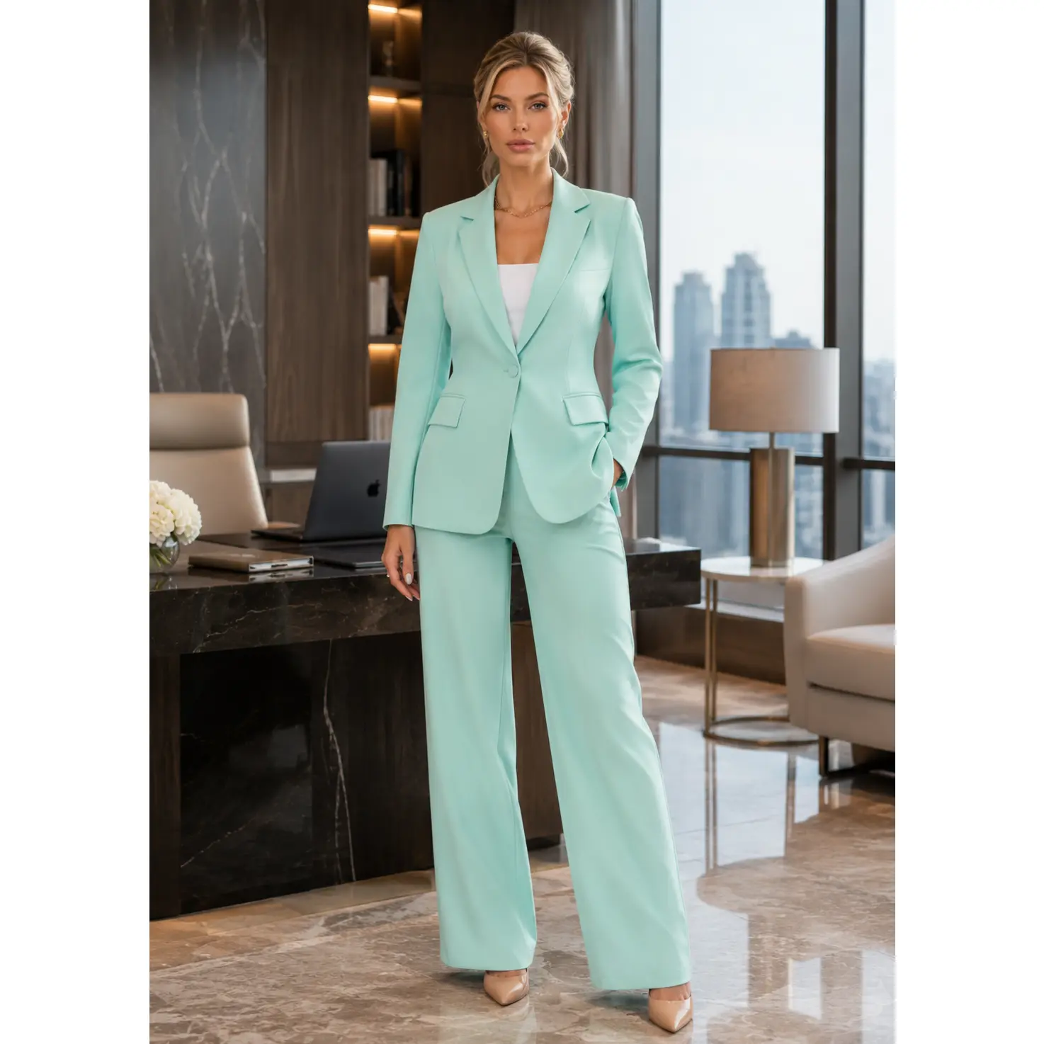 Executive Glow Mint Green Three-Piece Suit Set