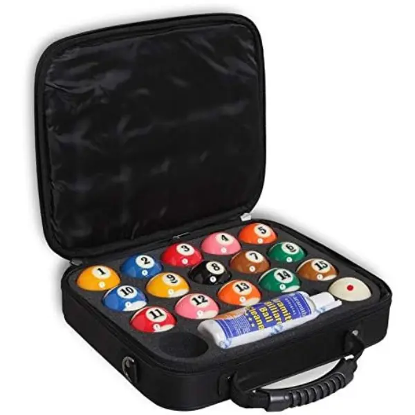 Aramith Bundle of 4 Items: Super Pro-Cup TV Billiard Pool Ball Set 2 1/4", Billiard Ball Cleaner 8.4 fl.oz. Bottle, Microfibre Cloth Ball Case
