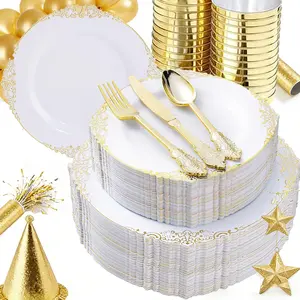 70 Piece Retro Plastic Tableware Set for Parties, Includes 10 Gold Rim Plates, 10 Vintage Flatware, 20 Cups for Weddings & Birthdays