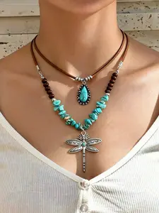 Boho Western Turquoise Dragonfly Layered Necklace, Beaded Jewelry Set for Daily & Festival, Stylish Accessory for Women