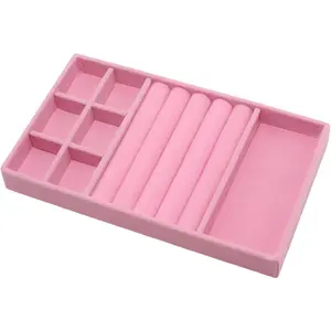Velvet Jewelry Organizer Trays Pink Stackable Jewelry Storage Display Tray with Removable Dividers, 3-in-1