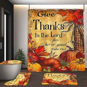 Thanksgiving Pumpkin & Corn Pattern Shower Curtain Set, Includes 12 Hooks, Bath Mat, Toilet Lid Cover, U-Shaped Pad, Ideal Gift, Bathroom Shower Equipment