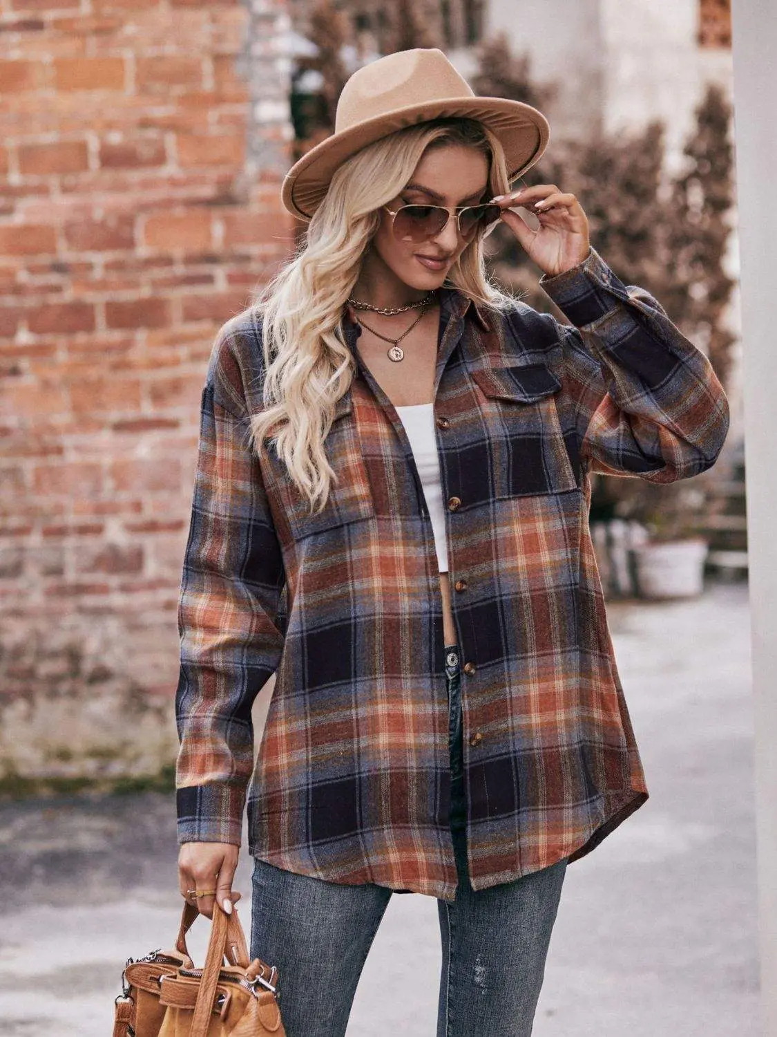 Women's Polyester Plaid Longline Shacket - Long Sleeve, Casual, Loose-Fitting, Oversized Collared Button-Down Outerwear Top, No 2XL Size, Regular, Cold Wash, Tumble Dry Compatible