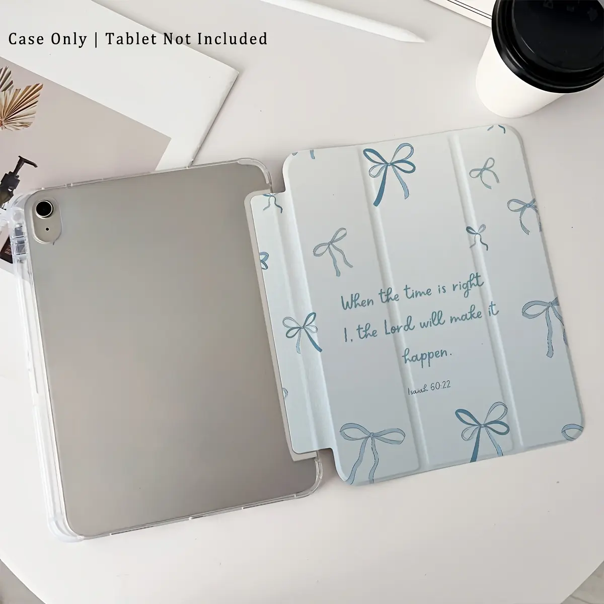 This blue, bow-adorned case features a Bible quotation design, an adjustable stand, a pen holder, and a foldable, non-slip TPU design. It's suitable for Samsung, iPad mini, iPad Air, iPad Pro/iPad 10th and 11th generation iPads.