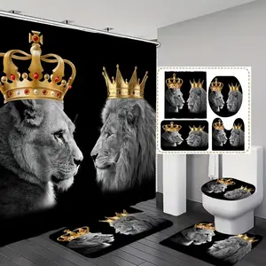 1/4pc Crown Tiger and Lion Design Shower Curtain Set, includes non-slip mat, U-shaped rug, and toilet seat cover. Perfect for bathroom decoration, partitioning, and beautifying the space. Comes with 12 shower curtain hooks. Bathroom Decoration Accessories