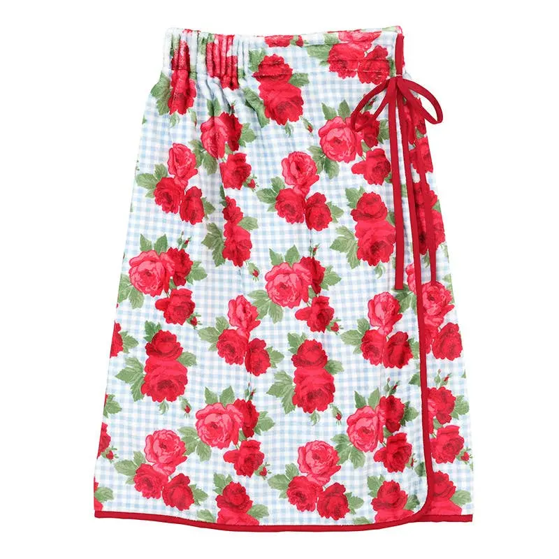 Spa Wrap - Blue Gingham + Red Roses with Red  Bow