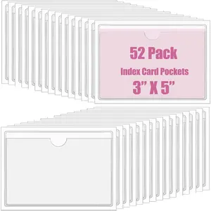 52 Pack 3x5 Inch Clear Plastic Adhesive Label Pockets Index Card Holder Top Open for Organizing Storage Bins Boxes Drawers