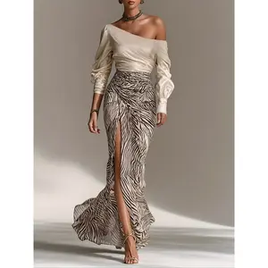 Women’s off-shoulder long-sleeve bodycon dress with zebra stripe pattern, waist cinching detail, split hem, new European style for fall/winter, suitable for day wear and commuting