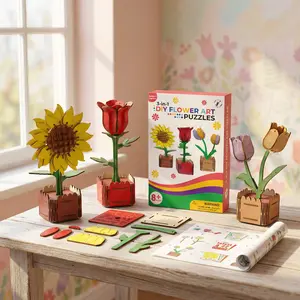 3 in 1 DIY 3D Flower Art Wooden Puzzles for Kids 8-12 - Includes Rose, Tulip, and Sunflower