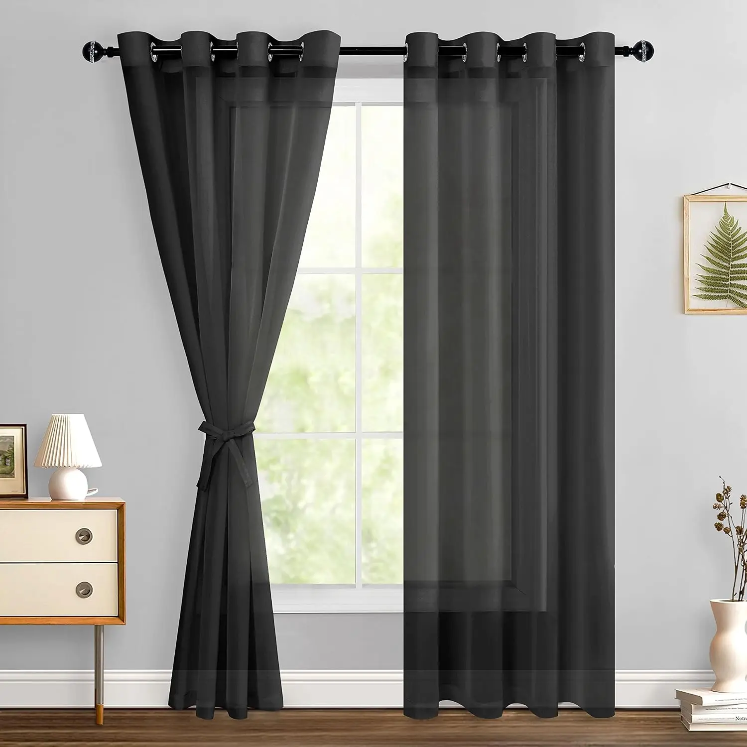 Black Sheer Curtains 84 Inches Long with Tiebacks, Light Filtering Voile Textured Drapes Lightweight Grommet Window Curtains for Bedroom, Living Room, Door, W52 x L84, Set of 2 Panels