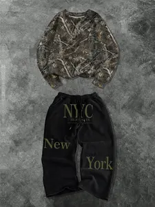 Men's Fashion Sport Classic Camo Round Neck Long Sleeve Sweatshirt and Drawstring Straight Leg Pants Set, Comfortable Casual for Spring & Fall