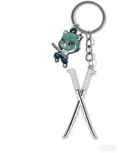 Demon Slayer Giyuu Tomioka Chibi Figure & Water Breathing Nichirin Sword Alloy Enamel Keychain | Anime Merch Gift for Halloween Costume Accessories