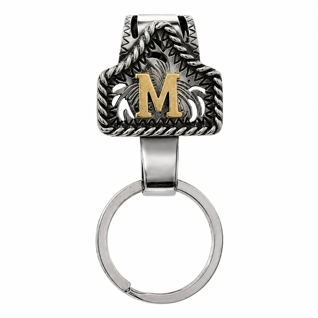 Cow Tag Belt Key Holder  Western Initial Keychain Clip, A-Z Personalized Letter Key Ring with 3D Hollow-Carved Antique Silver Finish, Clip-On Bag & Pocket Charm, Cowgirl Gift