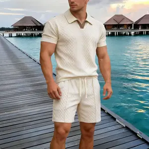 Men’s casual short-sleeve set featuring a polo shirt with a turn-down collar and drawstring shorts; solid color jacquard set suitable for everyday wear and vacations; men’s outfit,summervibes