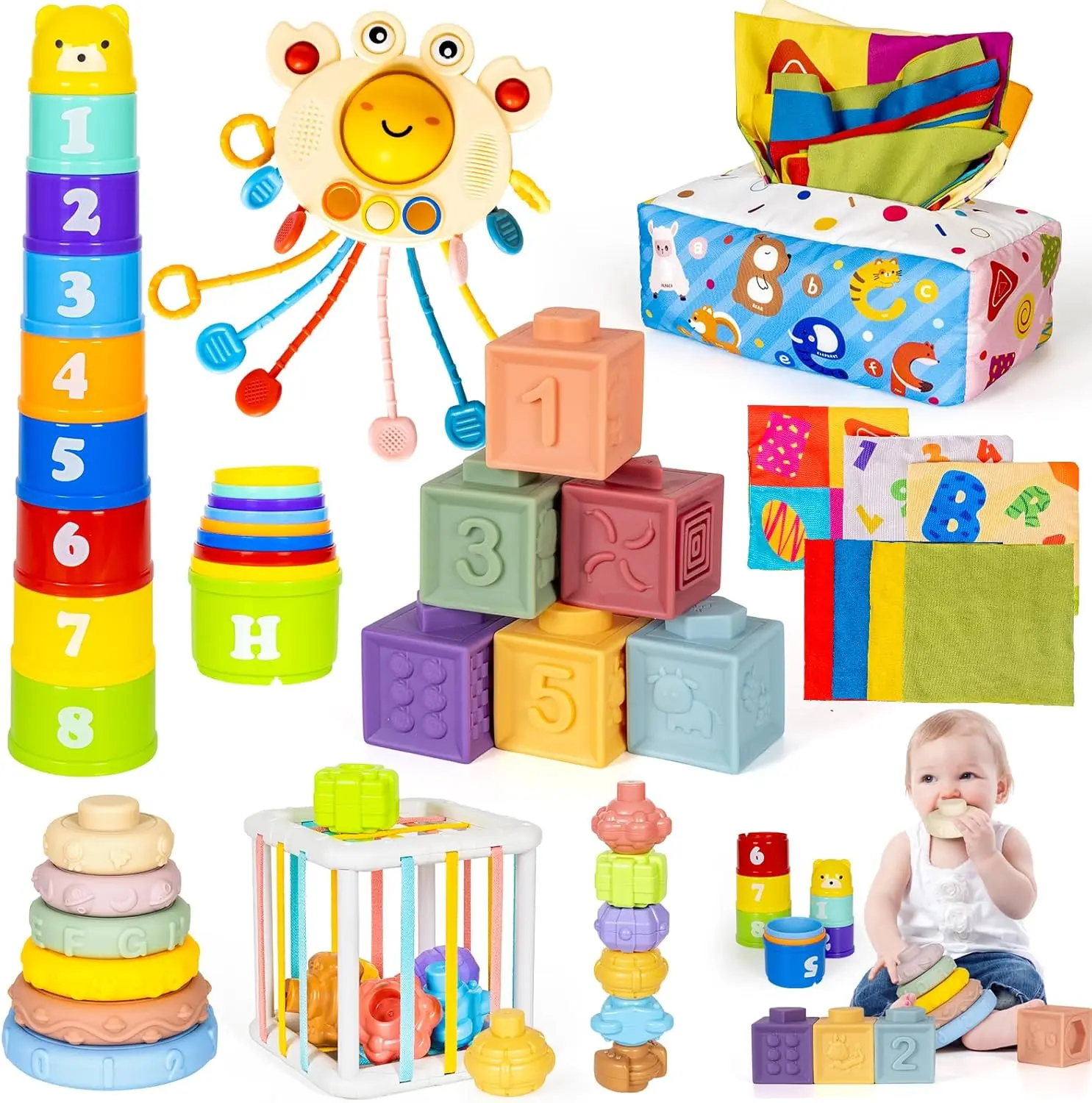 Mother Day Gift 6 in 1 Montessori Toys for Babies Newborn Stacking Block Soft Infant Ring Shape Learning Sensory Bin Pull String Teething Toy Tissue Box for Toddlers 18M+ 2 3 Year Old Boy Girl Gift
