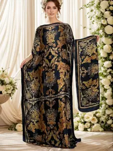 Luxurious Gold Printed Caftan Dress Set, Elegant Extra-Long Style with Scarf, Ethnic Print Kaftan, Perfect for Formal Occasions & High-End Events