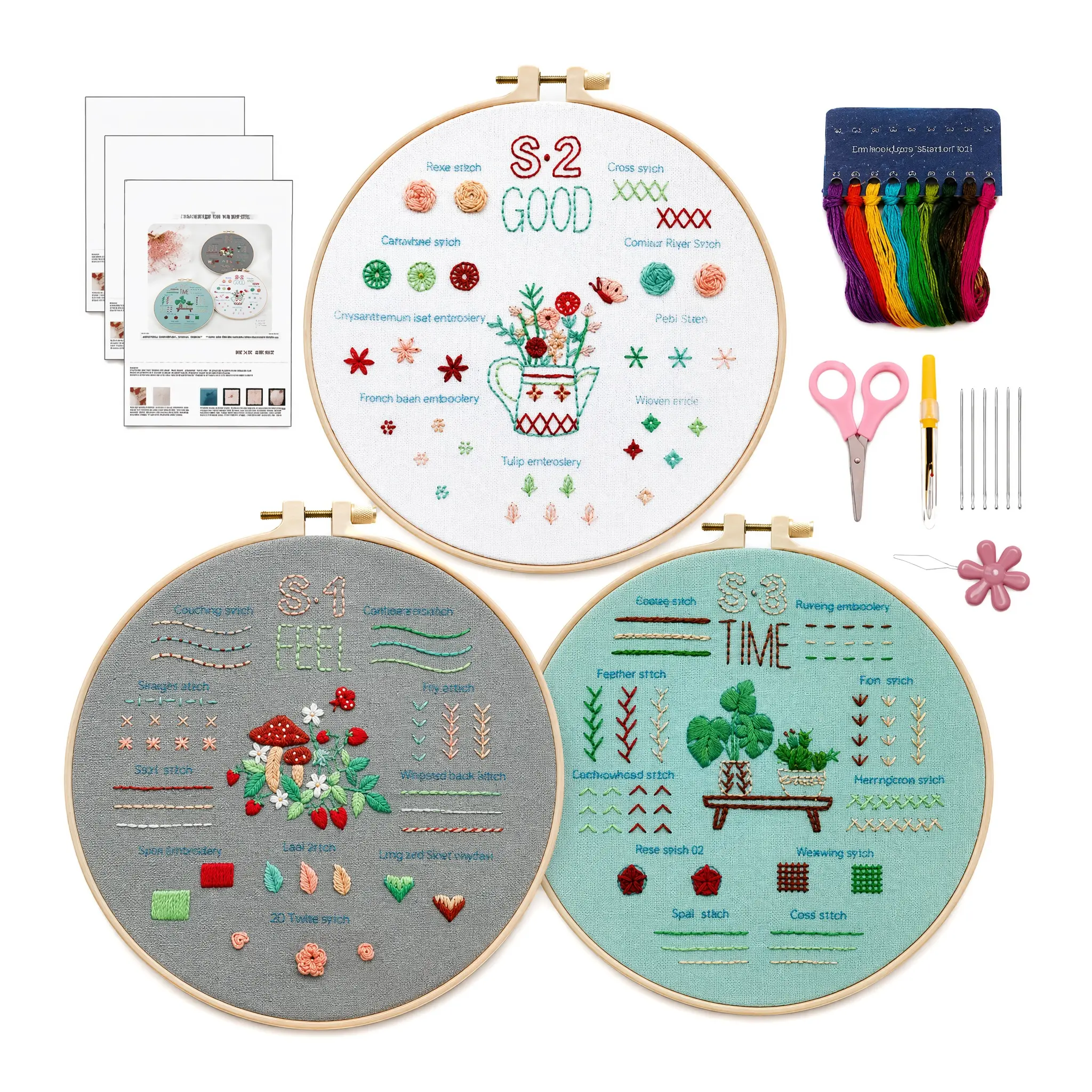 Embroidery Starter Kit for Beginners, 3pcs DIY Embroidery Hoop Kit with Colorful Threads, Needles & Scissors, Beginner Sewing Craft Kit for Adults Kids, Handmade Art Gift