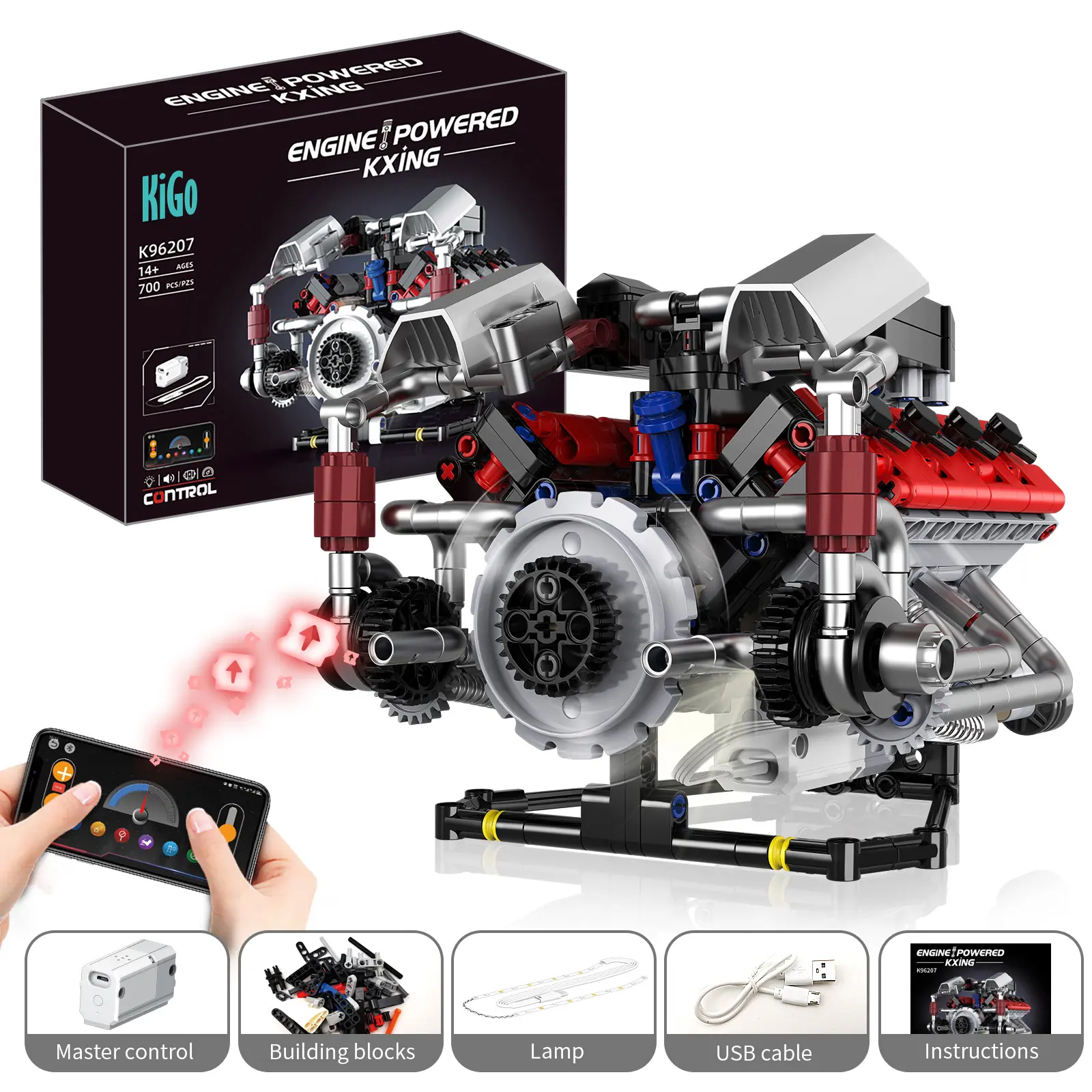 700 PCS Ferrari-Style Motorized V8 Engine Block Set Model Building Kit, with APP Control, LED Lights, Block Set Model Building Kits
