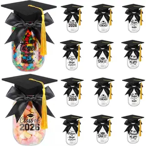 Yungyan 48 Pcs/12 Set Graduation Candy Containers Plastic Grad Candy Jars with Felt Mini Caps Stickers Bows Class of 2026 Graduation Clear Boxes Jars for Congrats Grad Party Favors DIY Gifts Supplies