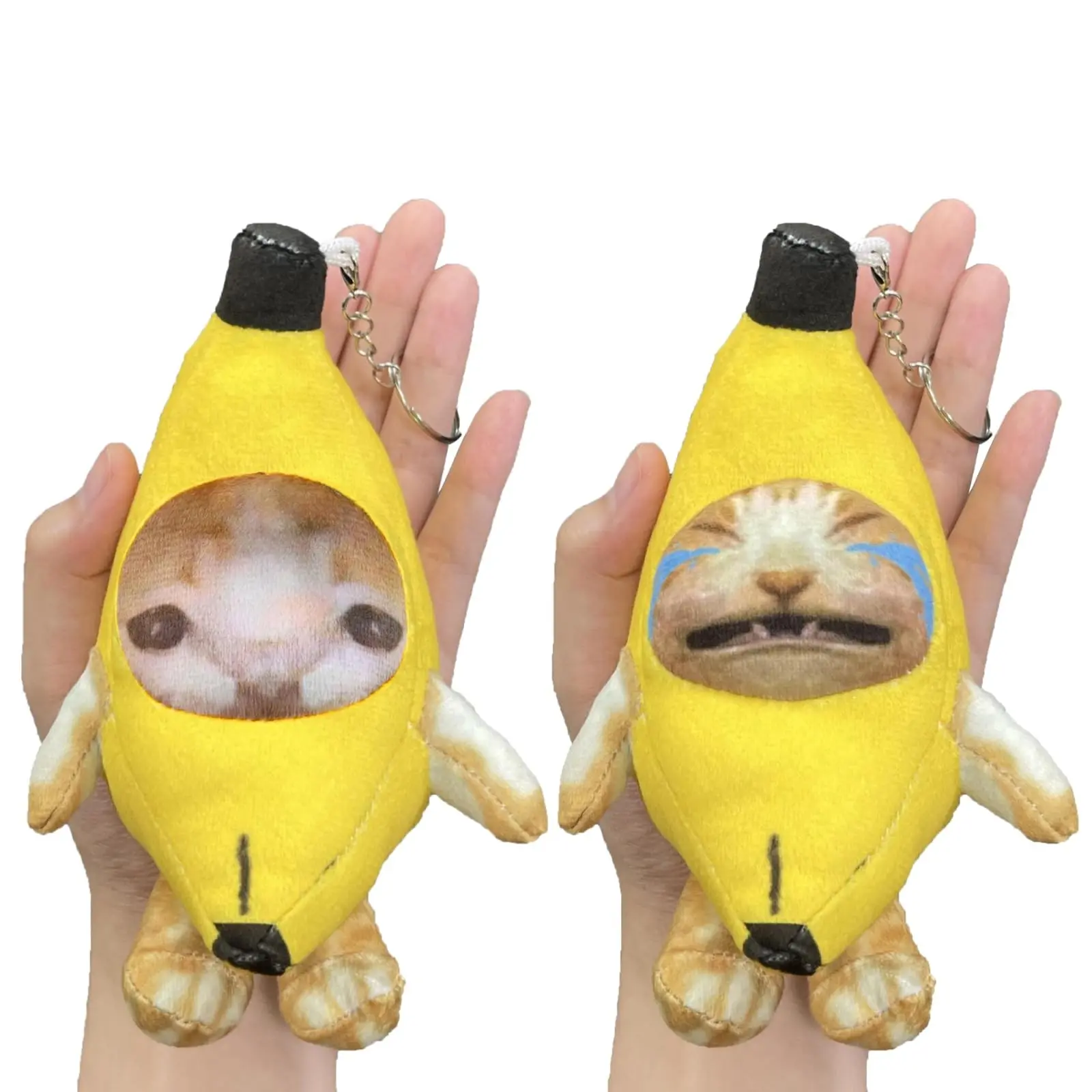 Banana Cat, Banana Cat Plush, 2 Pack, 7 Inch, Crying, Funny Keychain Set Cute Keychain Accessory for Bags Kawaii with 4 Sound for Kids Adult Cute Keychains For Car Keys