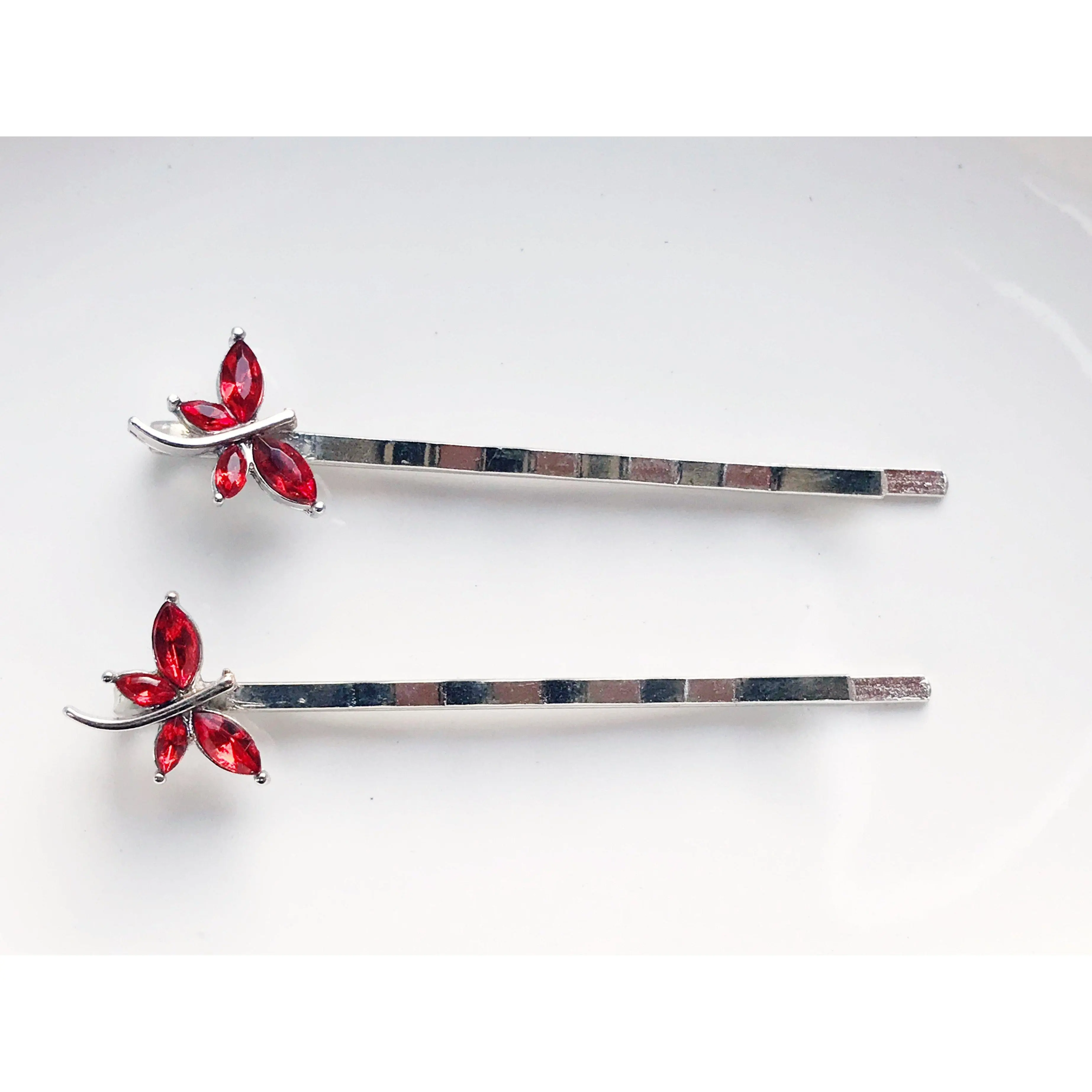 Red Rhinestone Dragonfly Hair Pins – Whimsical Silver Bobby Pins (Set of 2)