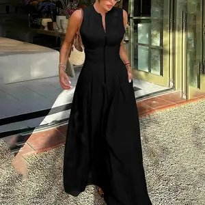 UOOZEE Women's Minimalist Elegant A-line Loose Pleated Sleeveless Round Neck Maxi Dress - Black, Multiple Colors, Split Zipper, Pockets, High-Quality Fabric, Machine Washable, Relaxed Fit, Summer Casual Womenswear