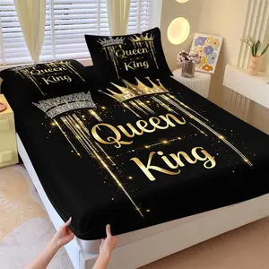 3Pcs King Queen Crown Print Fitted Sheet Set, Black Gold Glitter No Fillers Luxury Bedding Set, Romantic Royal Style Deep Pocket Bed Sheet with Pillowcases for Bedroom Wedding Decor, Decorative Bedsheet Sets