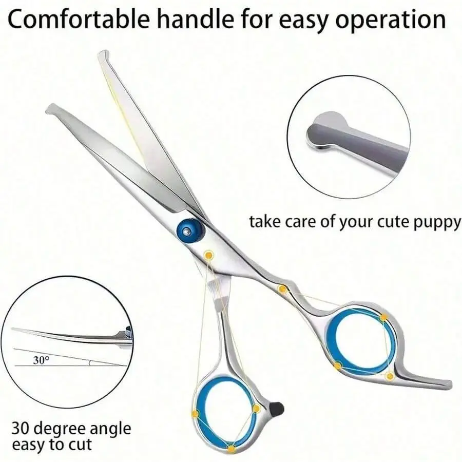 Professional Pet Grooming Scissors Set, Grooming Products, Groomer Tools, Supplies, Stainless Steel Dog Cat Hair Clippers, Curved Straight Upward Downward Blades, Comb Included, Left Right Hand Use