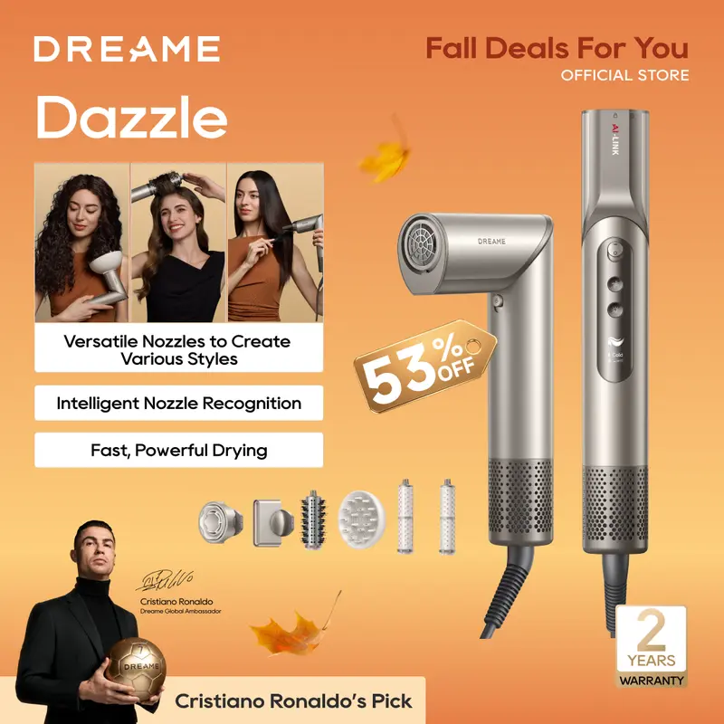 Dreame Dazzle Ionic Salon Hair Dryer with 110,000RPM High-Speed Motor, Ionizer, 5 Snap-On Attachments & Smart Screen for Quick-Drying Blowdryers for Hair Styling