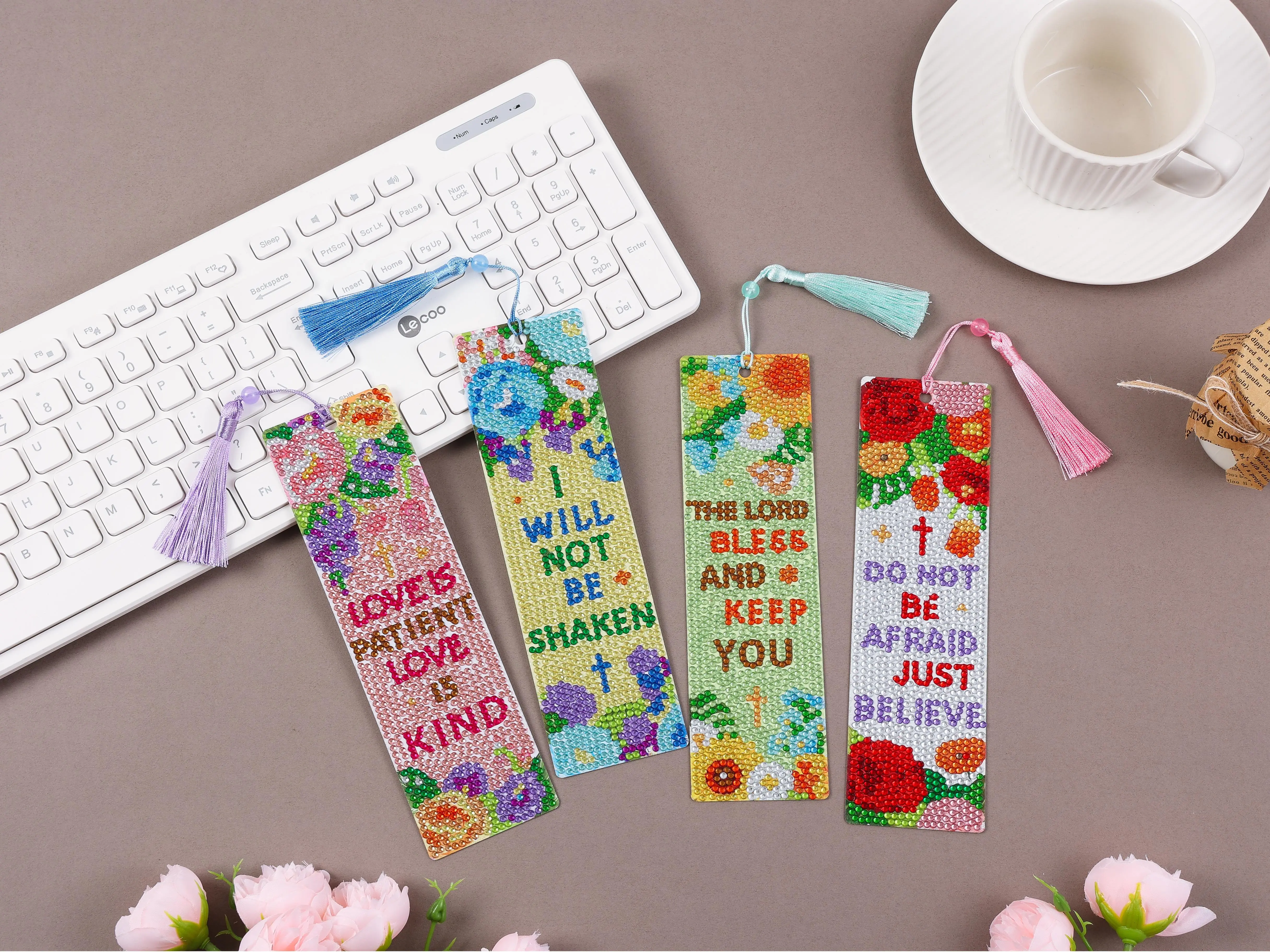 4-Piece Decorative Diamond-Painted Bookmarks - Durable PET Office Stationery, Oil Painting Impressionist/Holy Words Floral Designs, Artistic Book Accessory for Book Lovers & Unique Gift Seekers, Decorative Bookmarks, Artistic Bookmarks, Colorful Design