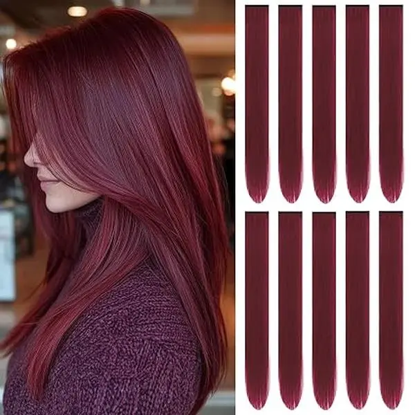 Hair Extensions Clip in Synthetic Hairpiece Red | 22 inch Colored Party Highlights Long Straight Cherry Red Hair Extensions for Women Styling Birthday Gift