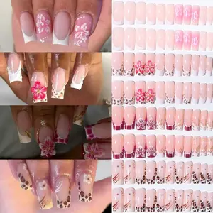 96pcs Medium Square French Press-On Nails, Glossy Acrylic Tips, Salon Quality Nails, Leopard Print Pearl Design, Suitable for Women and Girls, Acrylic Nails Kit