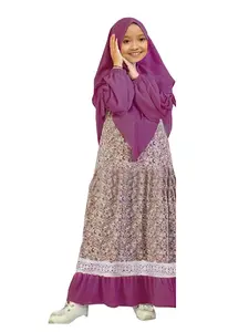 Girls Muslim Dress Set, Spring & Fall Long Sleeve Round Neck Polka Dot Bow Dress + Headscarf, Cute Fitted Kids Clothing