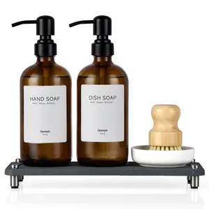 Glumzrk 2 Pack Kitchen Soap Dispenser Set - 16oz Amber Glass Dish and Hand Soap Dispenser with Stainless Steel Pump, Instant Dry Tray, Dish Brush & Holder, Refillable Countertop Sink Decor for Kitchen & Bath