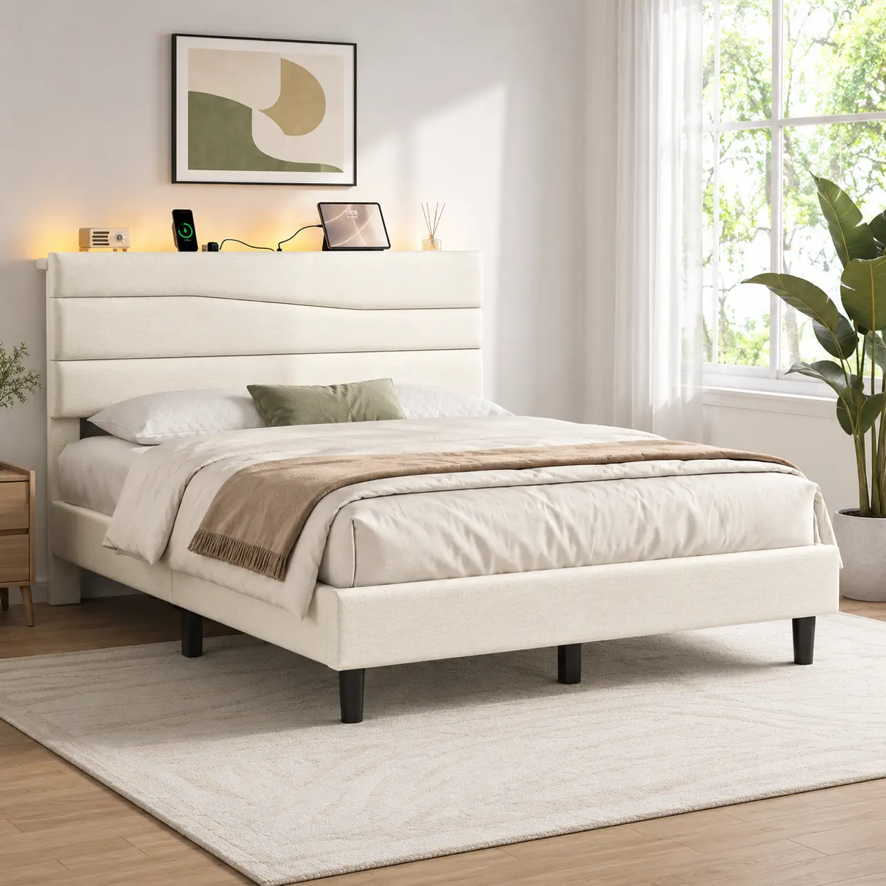 【RGB Lights】Costoffs Upholstered Bed Frame with LED Lights & Charging Station, Modern Fabric Platform Bed with Adjustable Headboard, Storage Shelf, Wood Slat Support, No Box Spring Needed