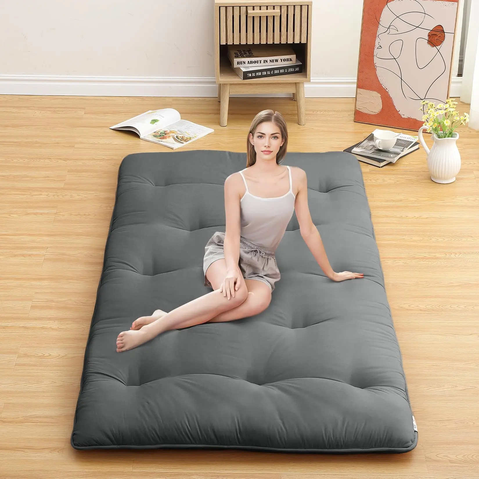 【GARVEE】Japanese Floor Mattress Twin Size 39" x 80" - Foldable Tatami Sleeping Pad, Roll-Up Camping Mattress for RV, Travel, Dorm, Apartment in Dark Grey