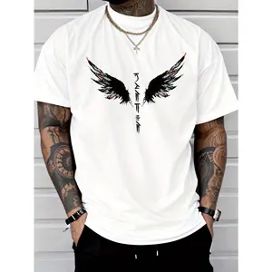 Cotton Short Sleeve  T-Shirt Men'S Angel Wings Japanese Calligraphy Print T-Shirt - Casual & Versatile Short Sleeve Crewneck, Black with White & Blue Wing Design, Lightweight for Gym & Leisure, Casual Attire | Stylish Casualwear | Lightweight Fabric