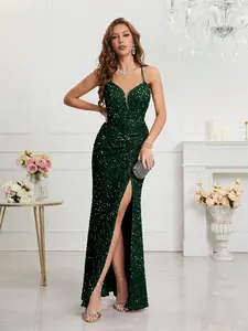Women's Backless Sequined Bodycon Fit Split Formal Wear Evening Party Dress, Sleeveless Halter Neck Gown, Sparkle Elegance Statement Prom Ballgown, Womenswear