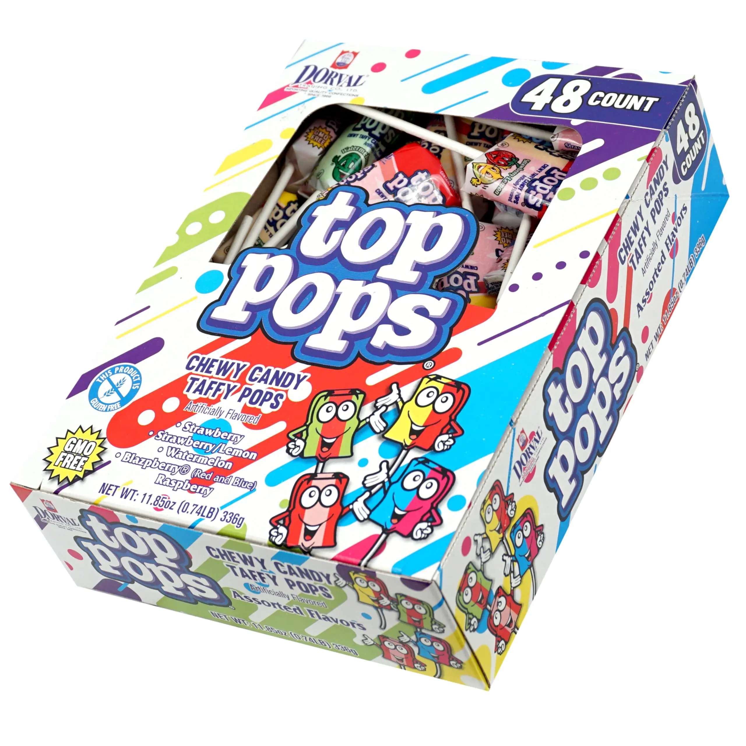 Top Pops Taffy Pops Snack, 48-Pack Candy Lollipops with 4 Assorted Fruit Flavors